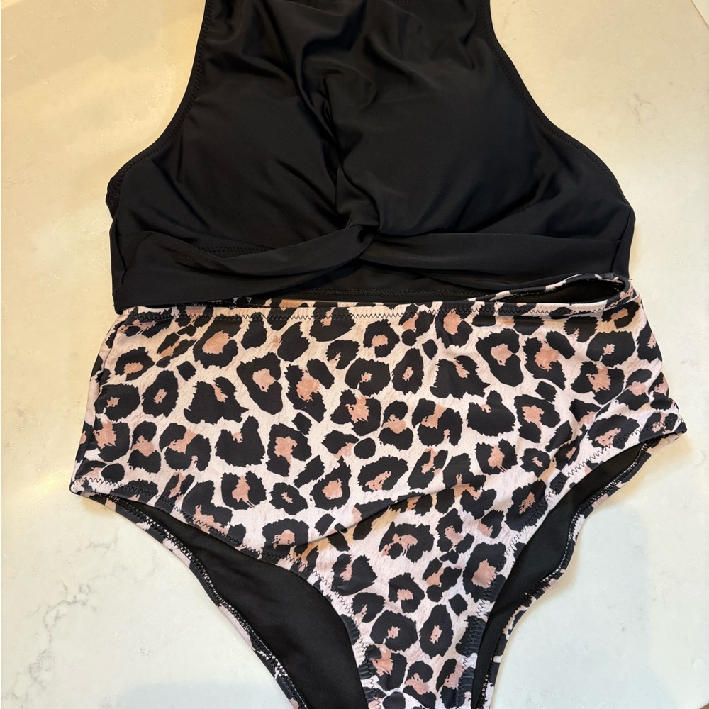 Black and Leopard Print Swimsuit